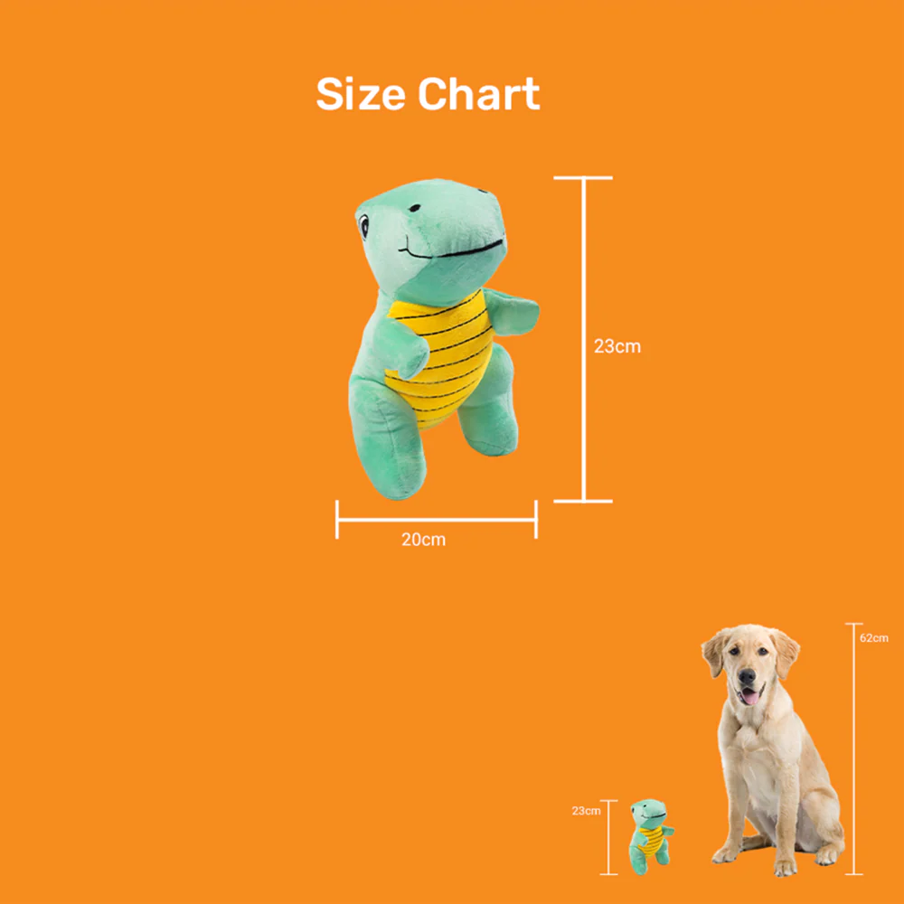 Kibbo Non Toxic & Durable Soft Stuffed Dinosaur Chew Toy for Dogs and Cats (Green/Yellow) - Image 2