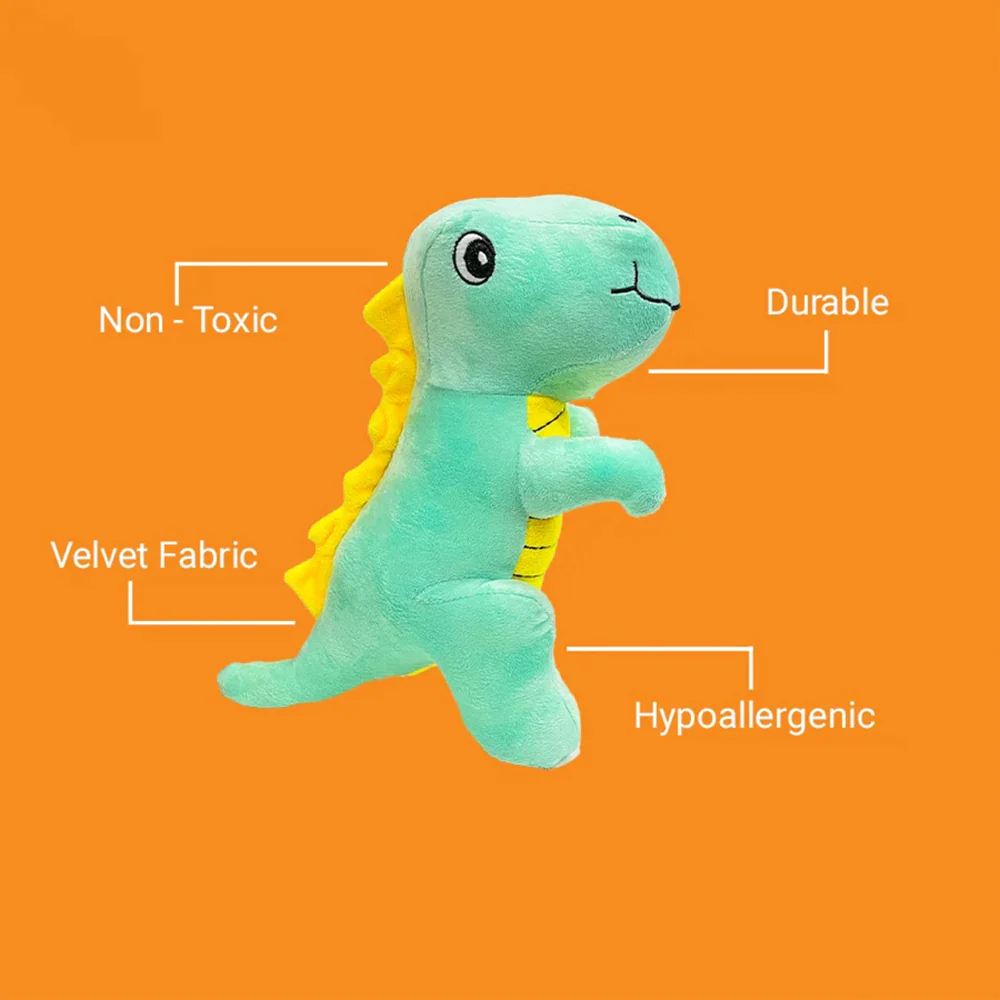Kibbo Non Toxic & Durable Soft Stuffed Dinosaur Chew Toy for Dogs and Cats (Green/Yellow) - Image 4