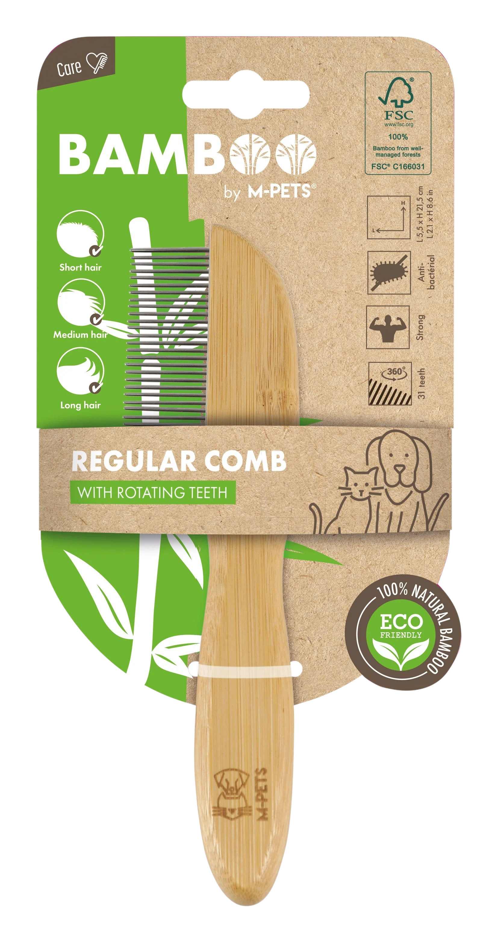 M PETS Bamboo Regular Comb With Rotating Teeth for Dogs and Cats (Brown) - Image 11