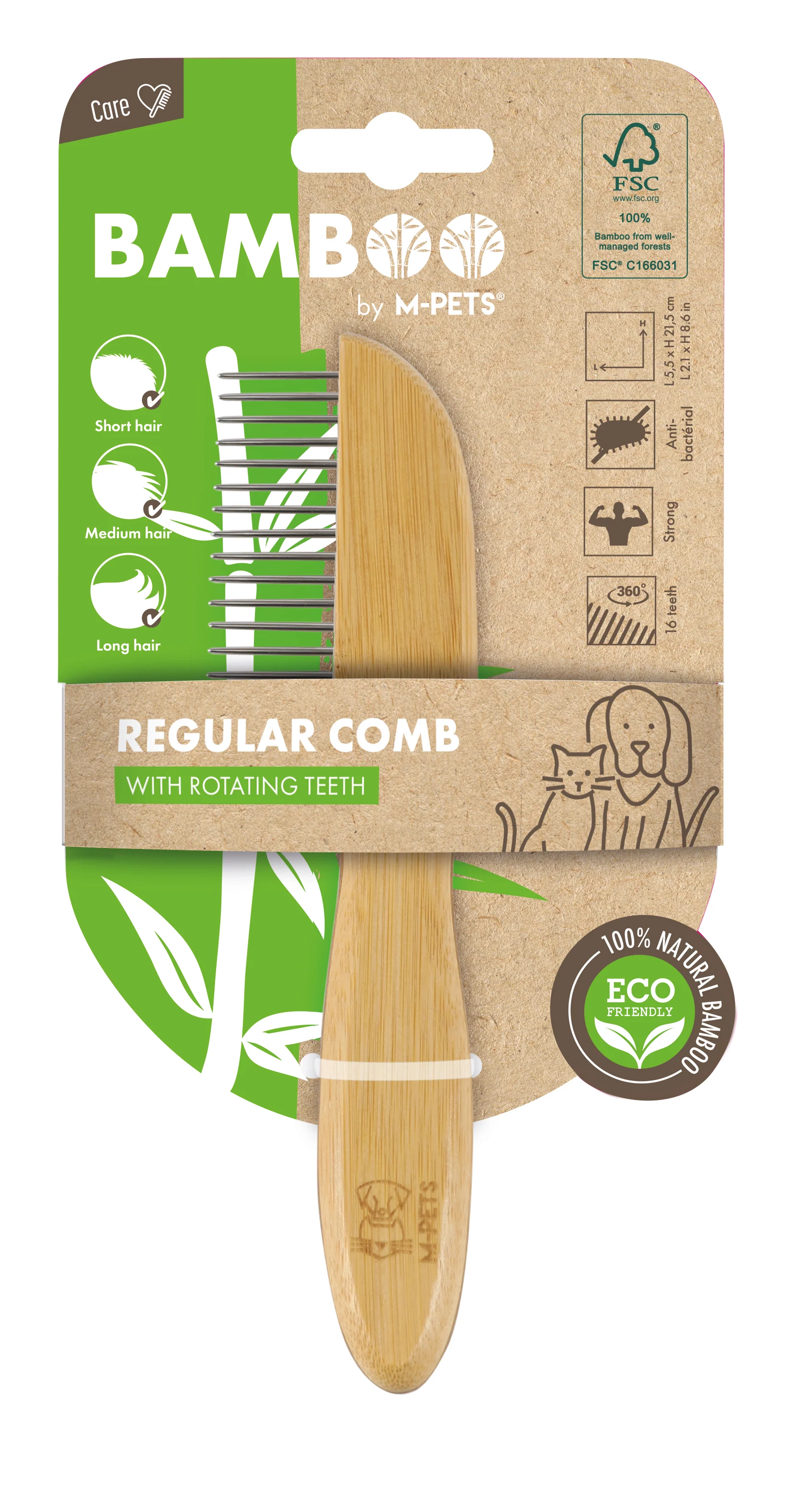 M PETS Bamboo Regular Comb With Rotating Teeth for Dogs and Cats (Brown) - Image 2
