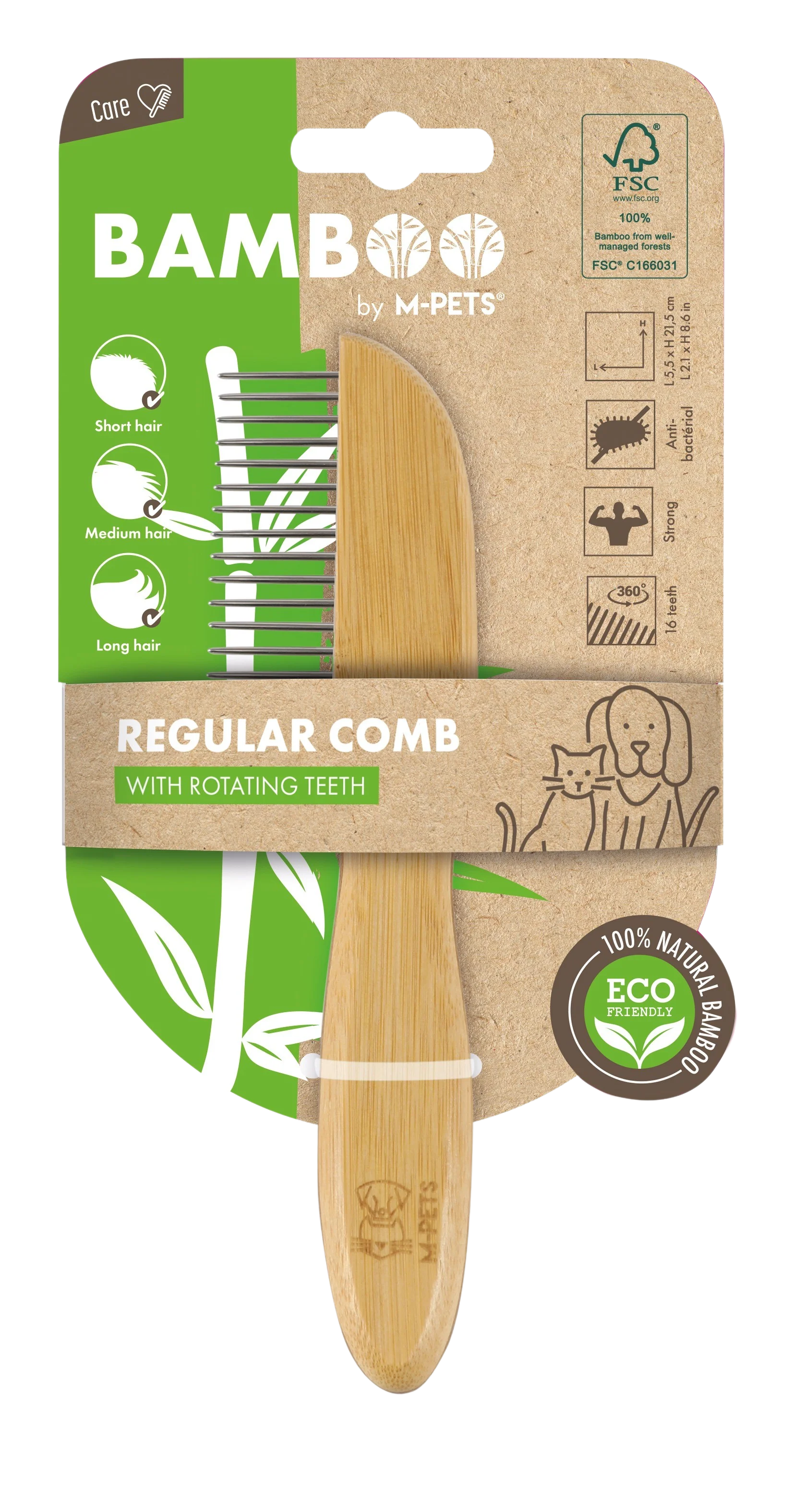 M PETS Bamboo Regular Comb With Rotating Teeth for Dogs and Cats (Brown) - Image 3