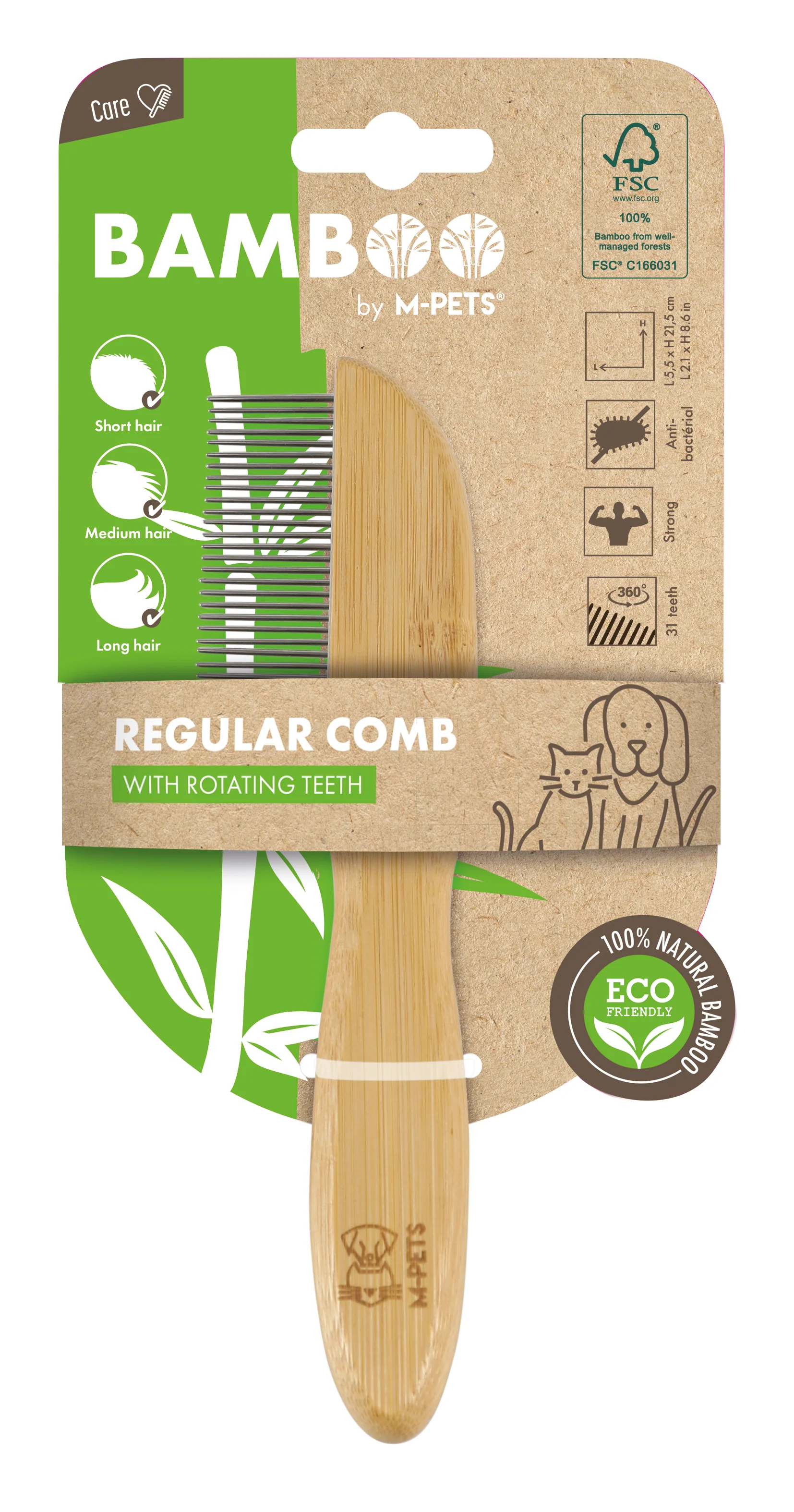 M PETS Bamboo Regular Comb With Rotating Teeth for Dogs and Cats (Brown) - Image 5