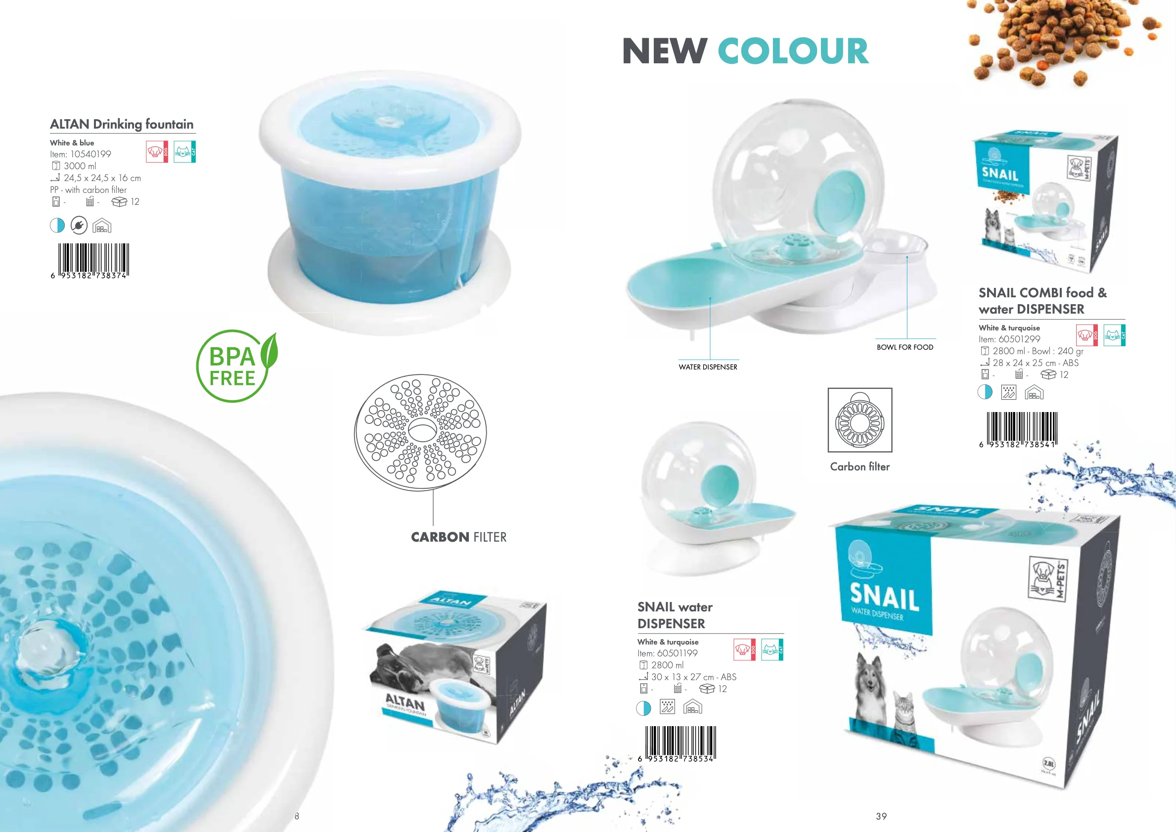 M Pets Snail Combi Food & Water Dispenser for Dogs and Cats (White &Turquoise) - Image 2