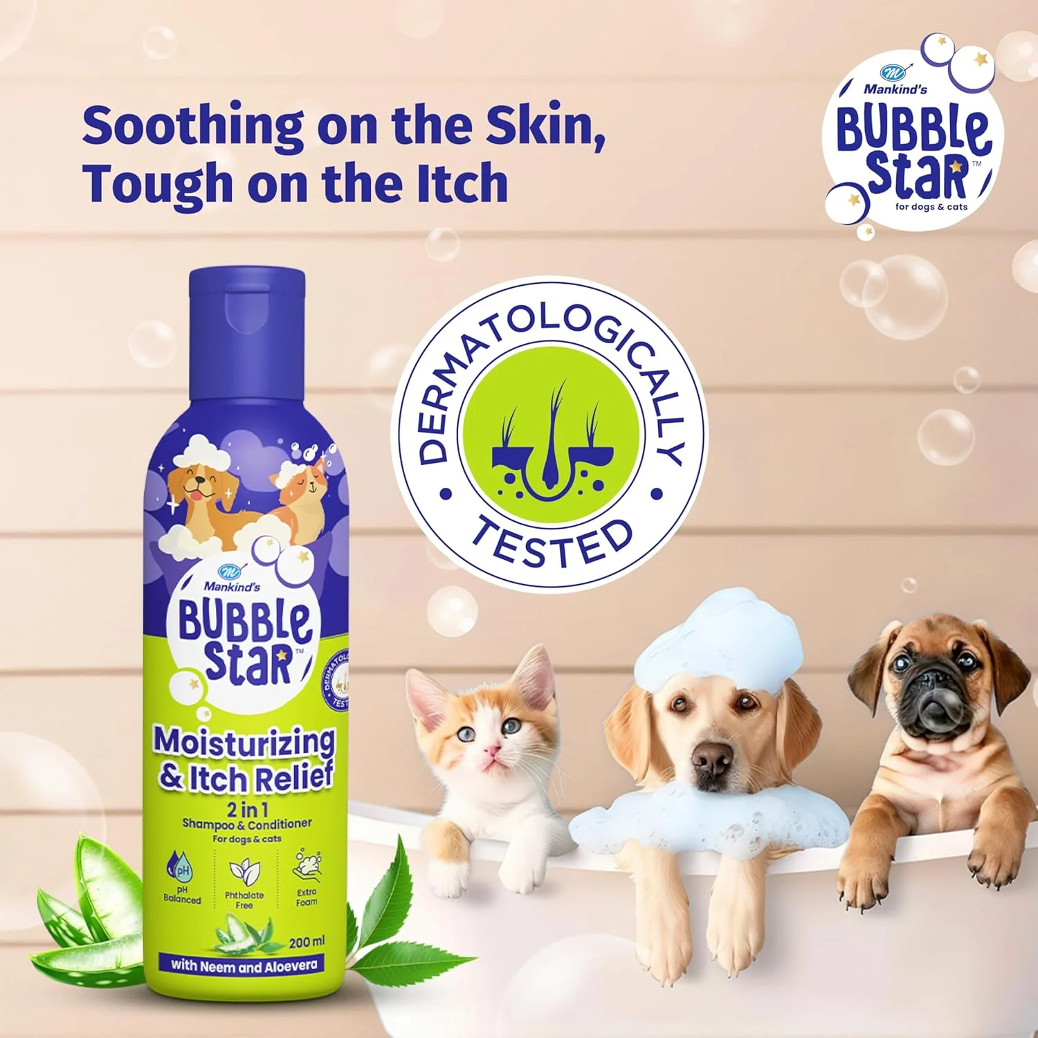 Mankind BubbleStar Neem & Aloe Vera Fresh 2 in 1 Waterless Shampoo for Dogs & Cats - Image 2