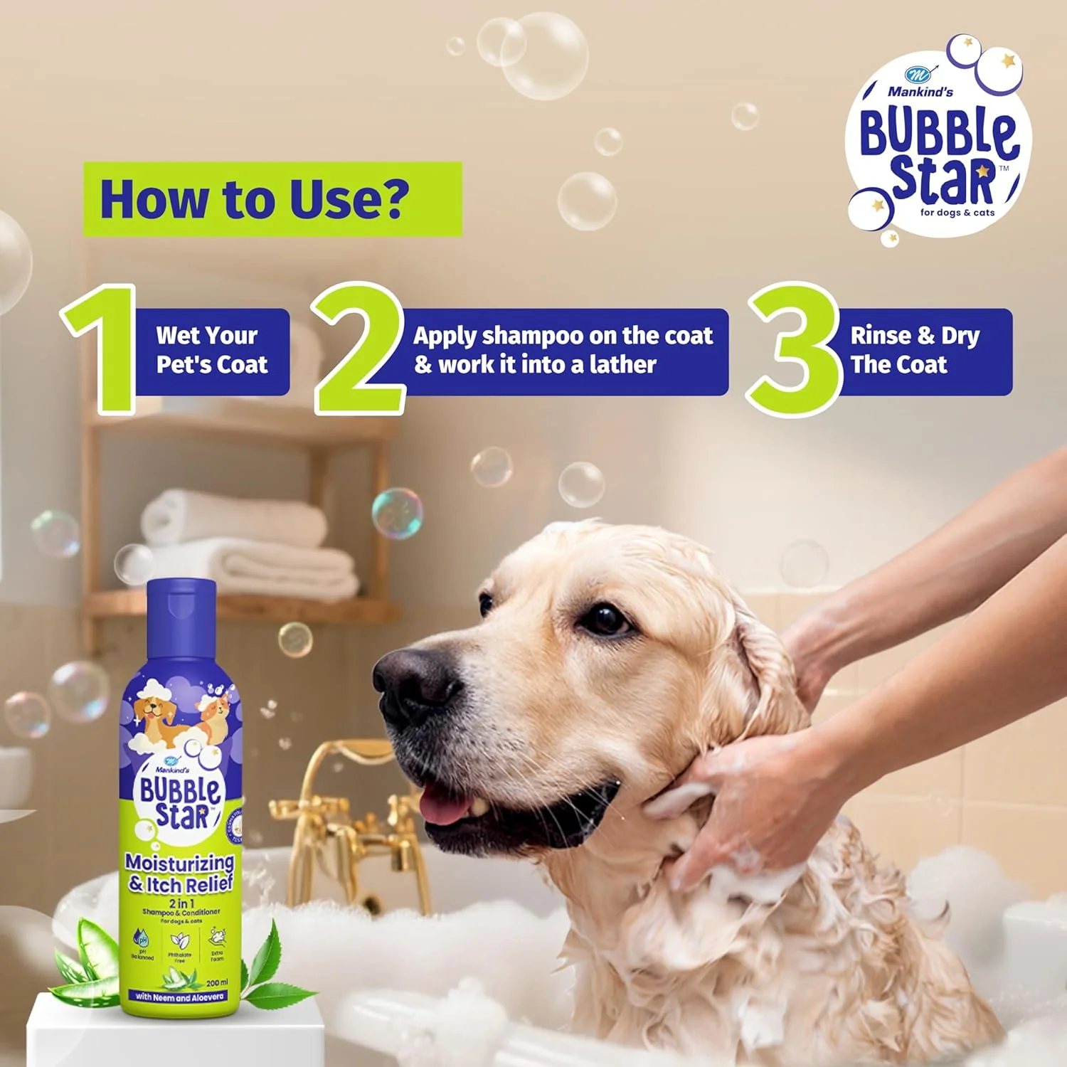 Mankind BubbleStar Neem & Aloe Vera Fresh 2 in 1 Waterless Shampoo for Dogs & Cats - Image 7