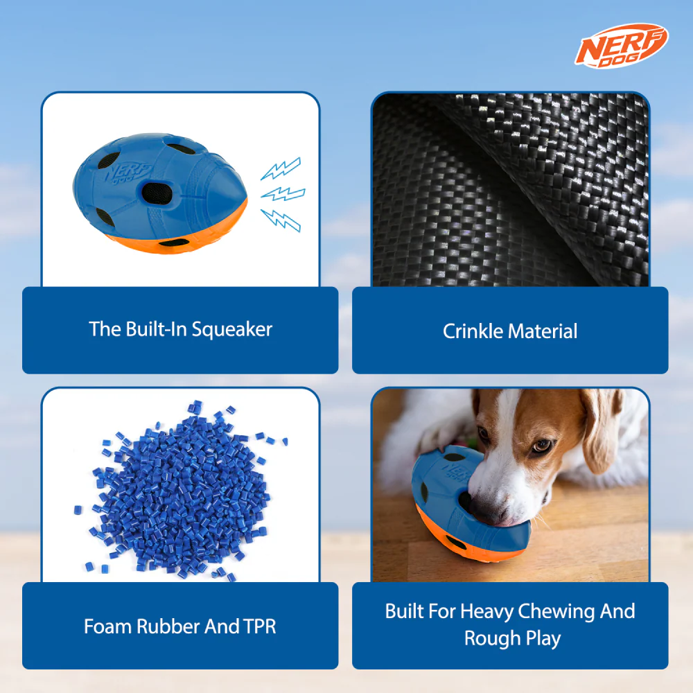 Nerf Bash Squeak and Crunch Football Toy for Dogs (Blue/Orange) - Image 3