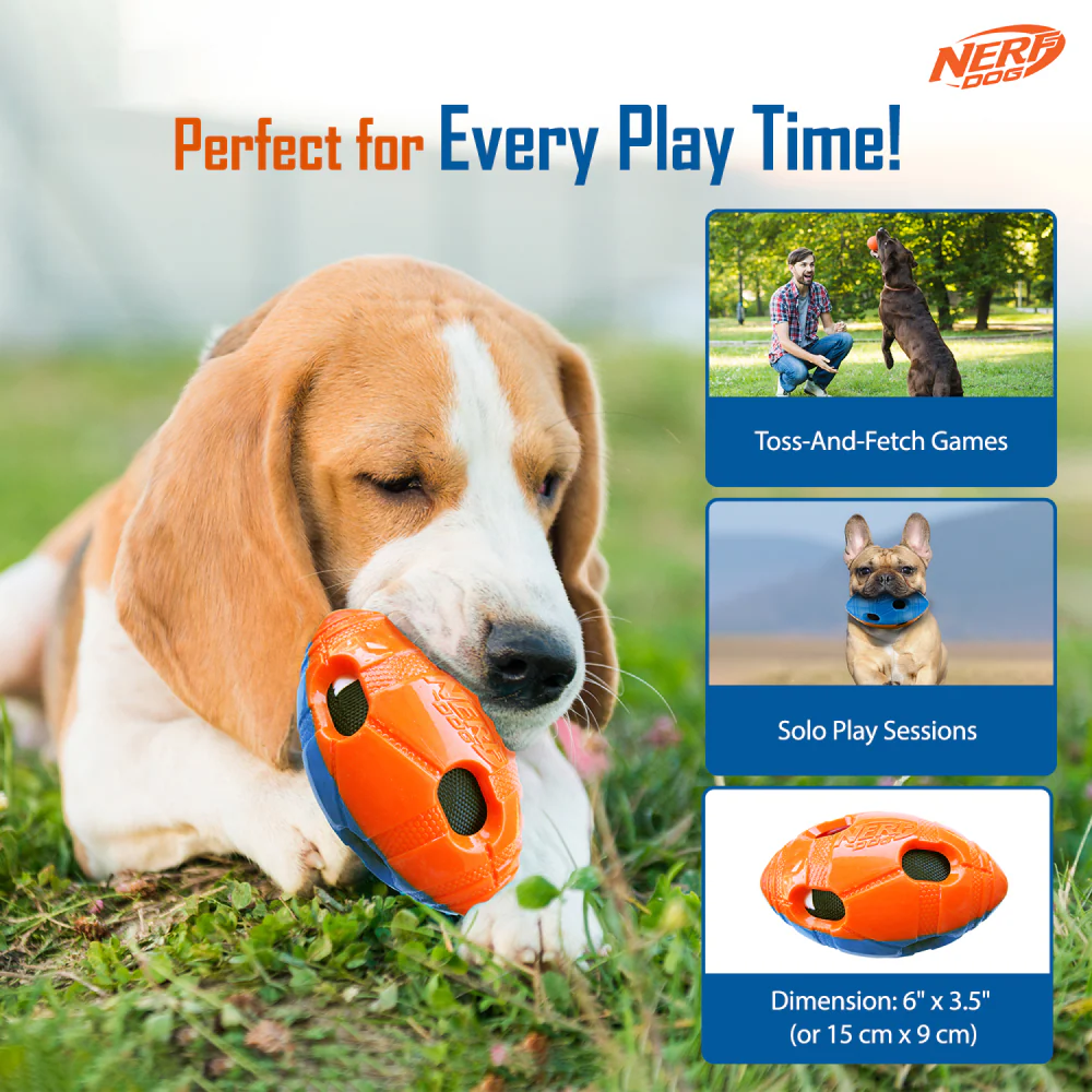 Nerf Bash Squeak and Crunch Football Toy for Dogs (Blue/Orange) - Image 5