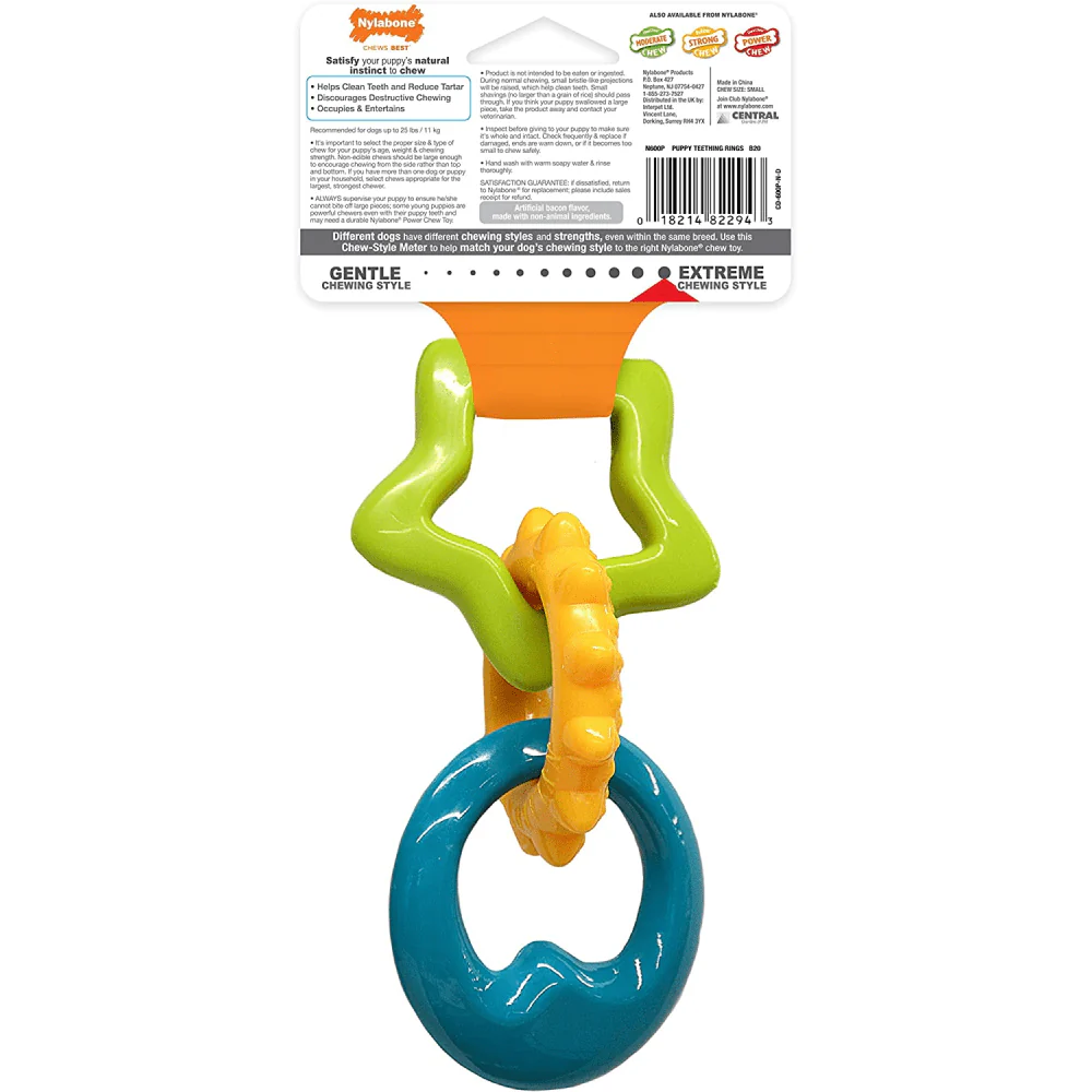 Nylabone Bacon Flavoured Puppy Chew Teething Ring Toy for Dogs (Green, Yellow, Blue) - Image 3