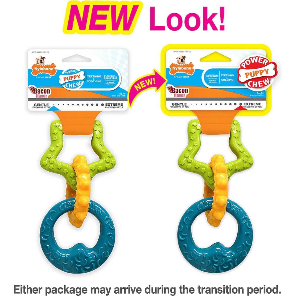 Nylabone Bacon Flavoured Puppy Chew Teething Ring Toy for Dogs (Green, Yellow, Blue) - Image 4