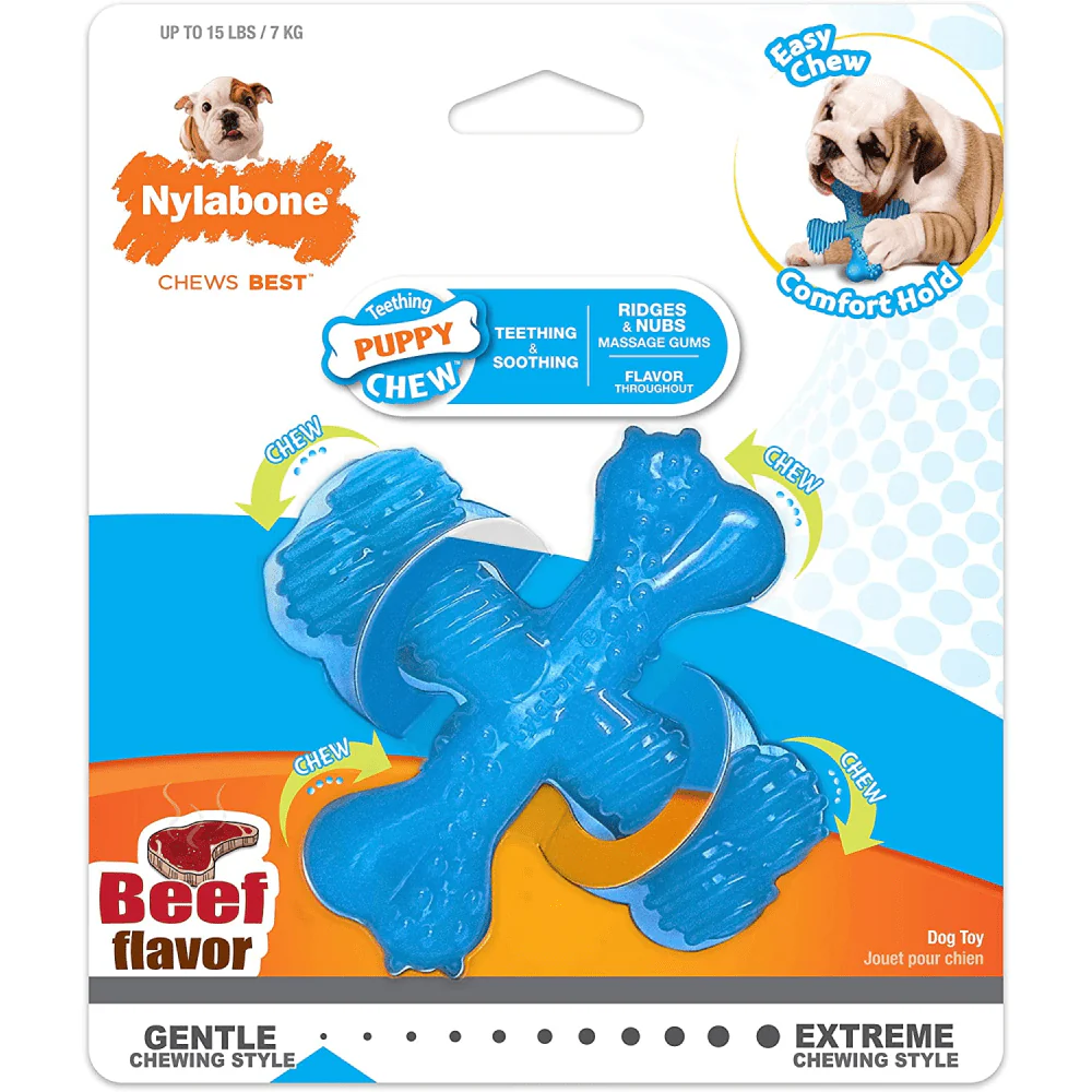 Nylabone Puppy Teething Beef Flavoured Chew "X" Bone Toy for Dogs (Blue) - Image 3