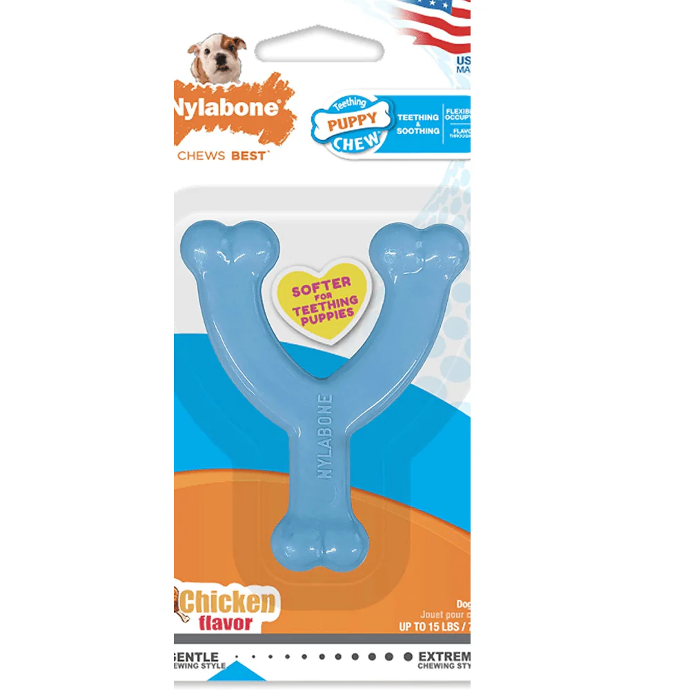 Nylabone Puppy Teething Chicken Flavoured Wish Bone Chew Toy for Dogs (Blue) - Image 3