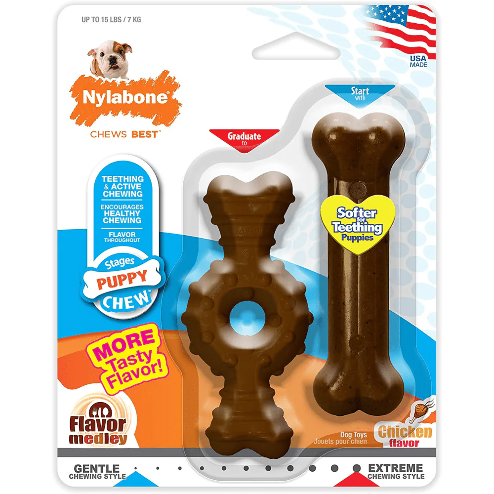 Nylabone Puppy Teething Chicken Medley Flavoured Chew and Ring Bone Toy for Dogs (Brown) - Image 3