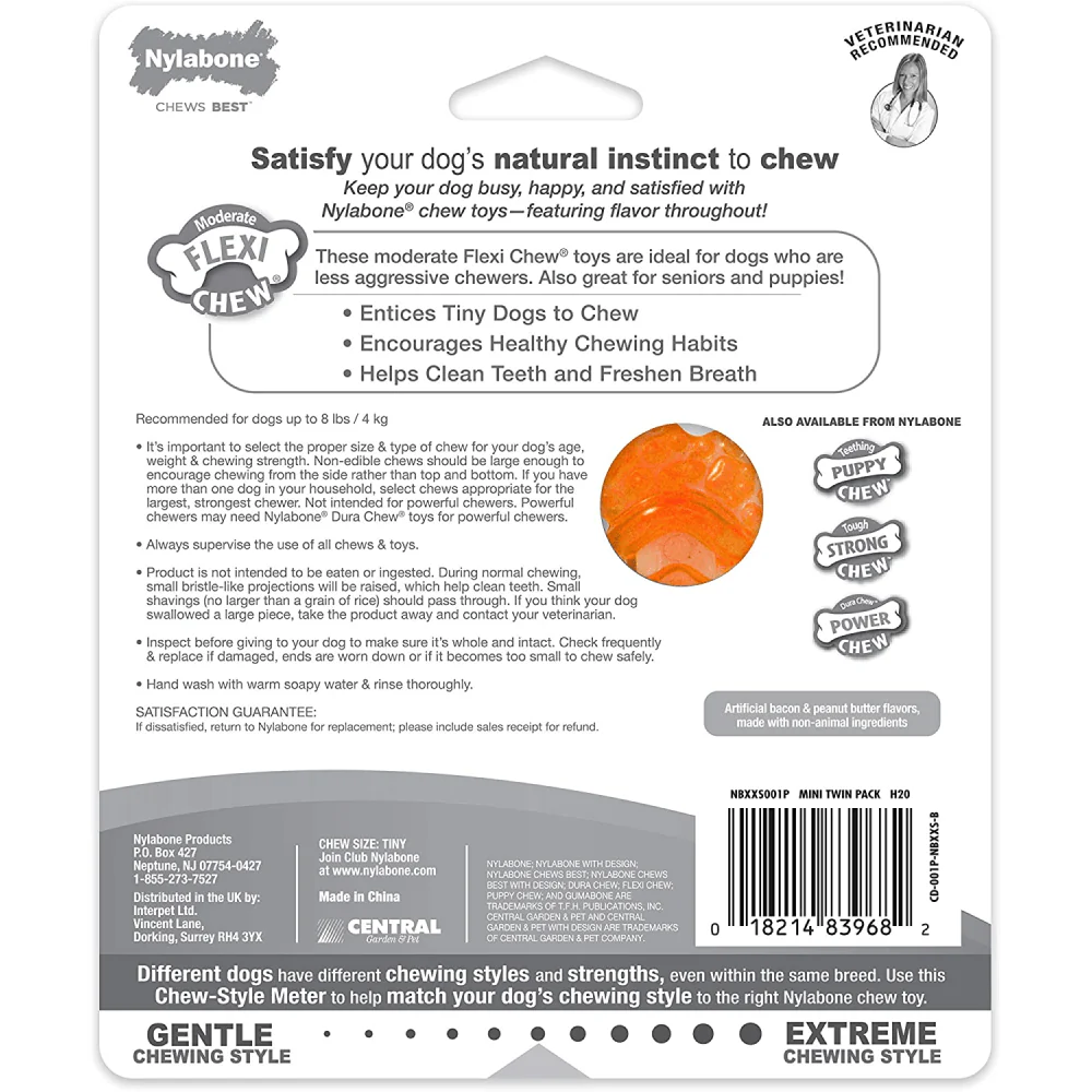 Nylabone Puppy Teething Peanut Butter and Bacon Flavoured Flexi Chew Bone Toy for Dogs (Orange/Blue) - Image 4