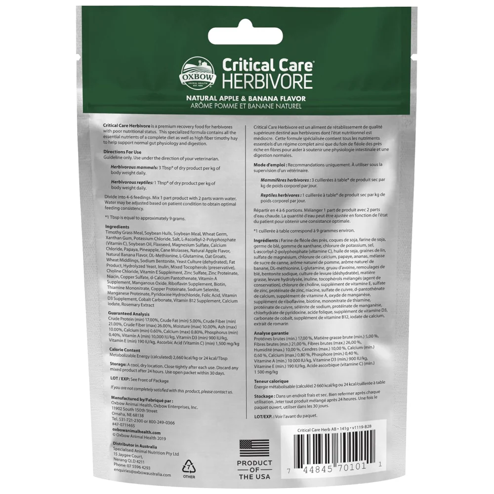 Oxbow Critical Care Apple and Banana Herbivore Dry Food for Rabbits and Guinea Pigs - Image 2