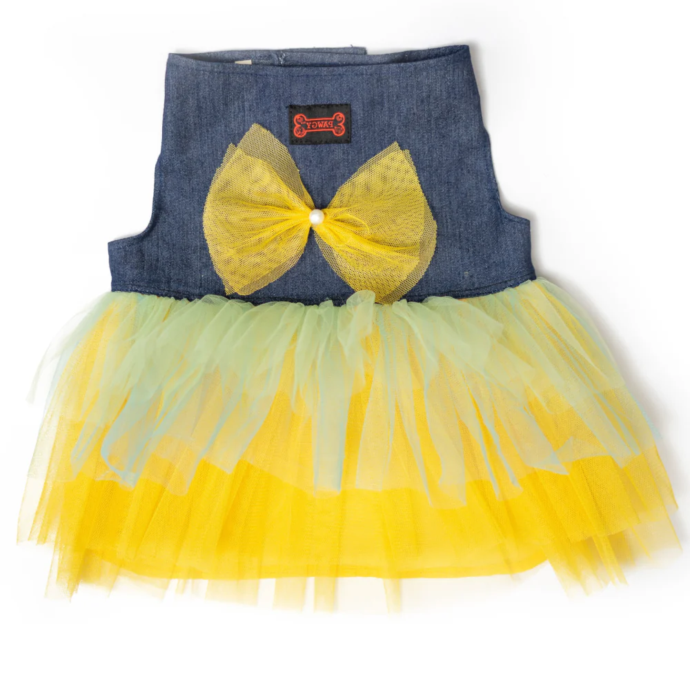 Pawgypets Denim Frilly Dress for Dogs and Cats (Blue/Yellow) - Image 3