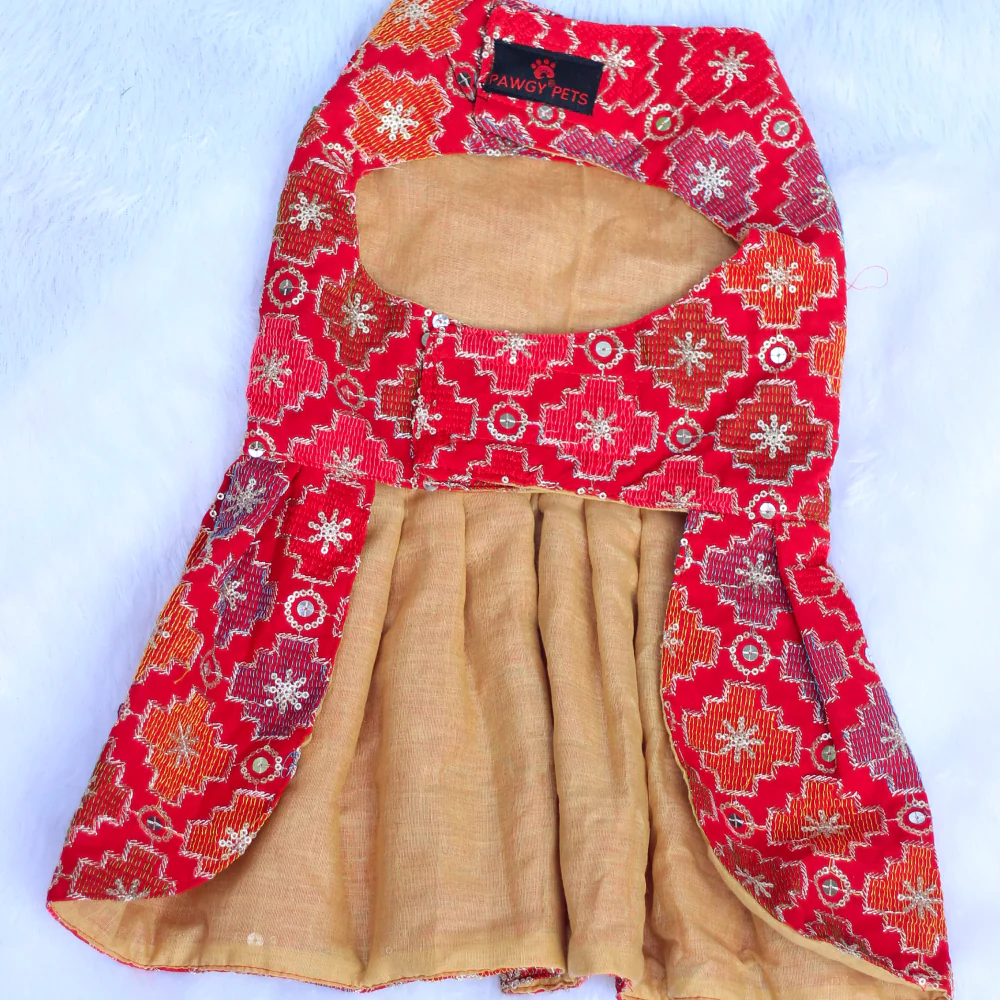 Pawgypets Festive Patola Dress for Dogs (Red) - Image 3