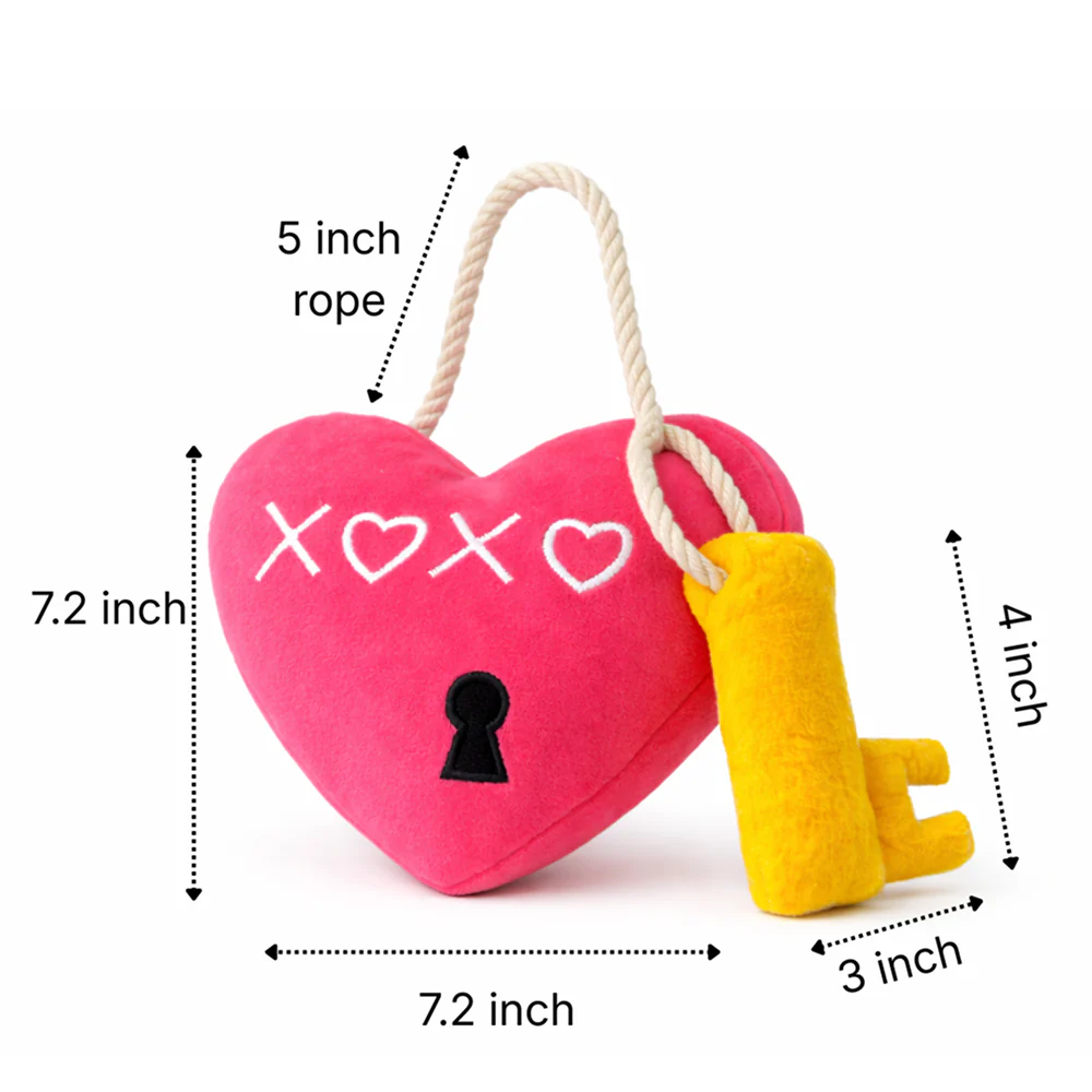 Pawgypets Heart Lock Key Plush with Rope Toy for Dogs (Hot Pink & Yellow) - Image 2