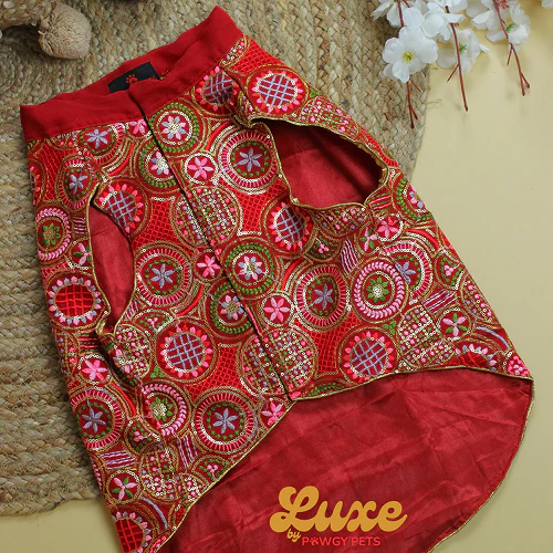 Pawgypets Luxe Embroidered Kurta for Dogs and Cats (Red) - Image 3