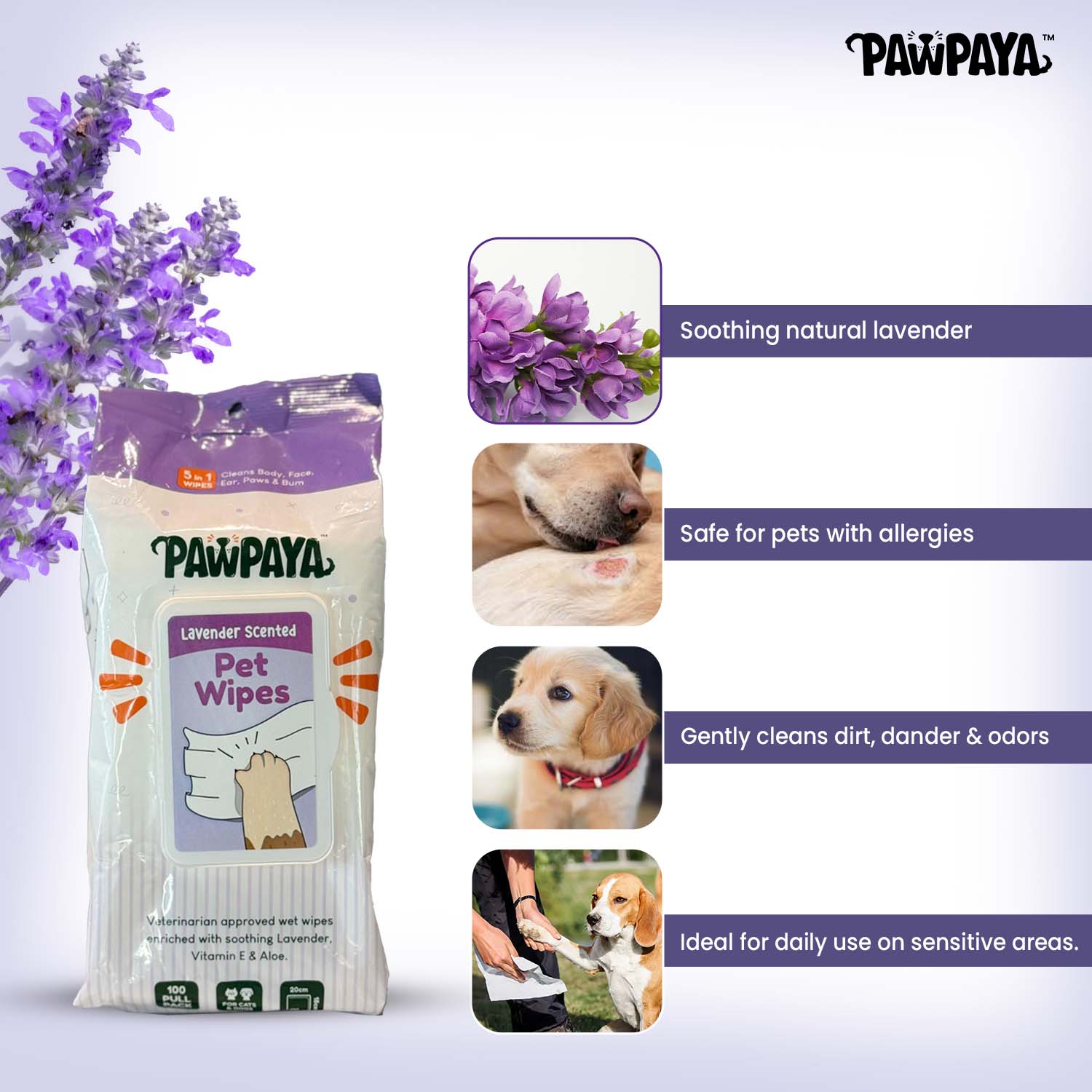 Pawpaya Lavender Scented Wipes for Dogs and Cats - Image 2