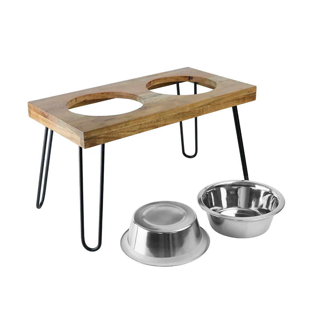 Pawpourri Elevated Acacia Wooden Double Diner for Dogs and Cats (Wooden Brown) - Image 2