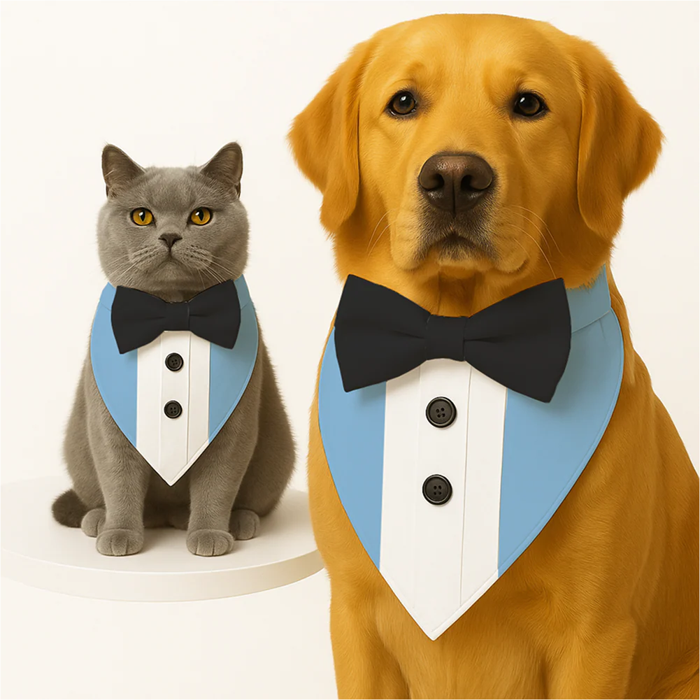PawsIndia Baby Blue Tuxedo Bandana with Black Bow for Dogs and Cats - Image 2