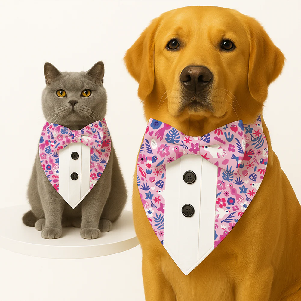 PawsIndia Birdsong Pattern Tuxedo Bandana with Matching Bow for Dogs and Cats - Image 2