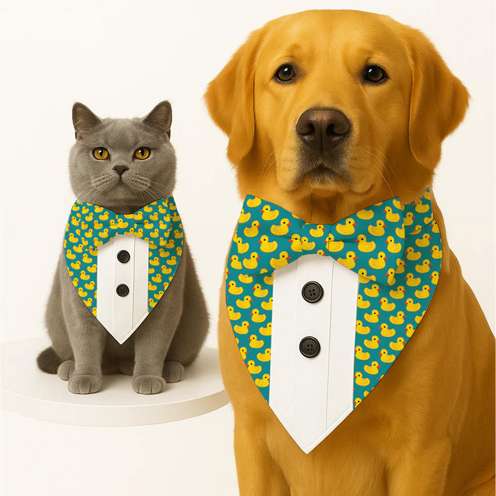 PawsIndia Duck Pattern Tuxedo Bandana with Matching Bow for Dogs and Cats - Image 3