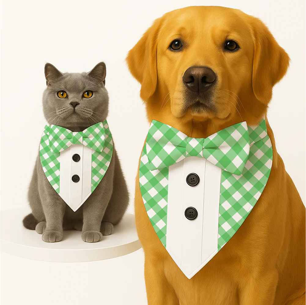 PawsIndia Green Checks Pattern Tuxedo Bandana with Matching Bow for Dogs and Cats - Image 2
