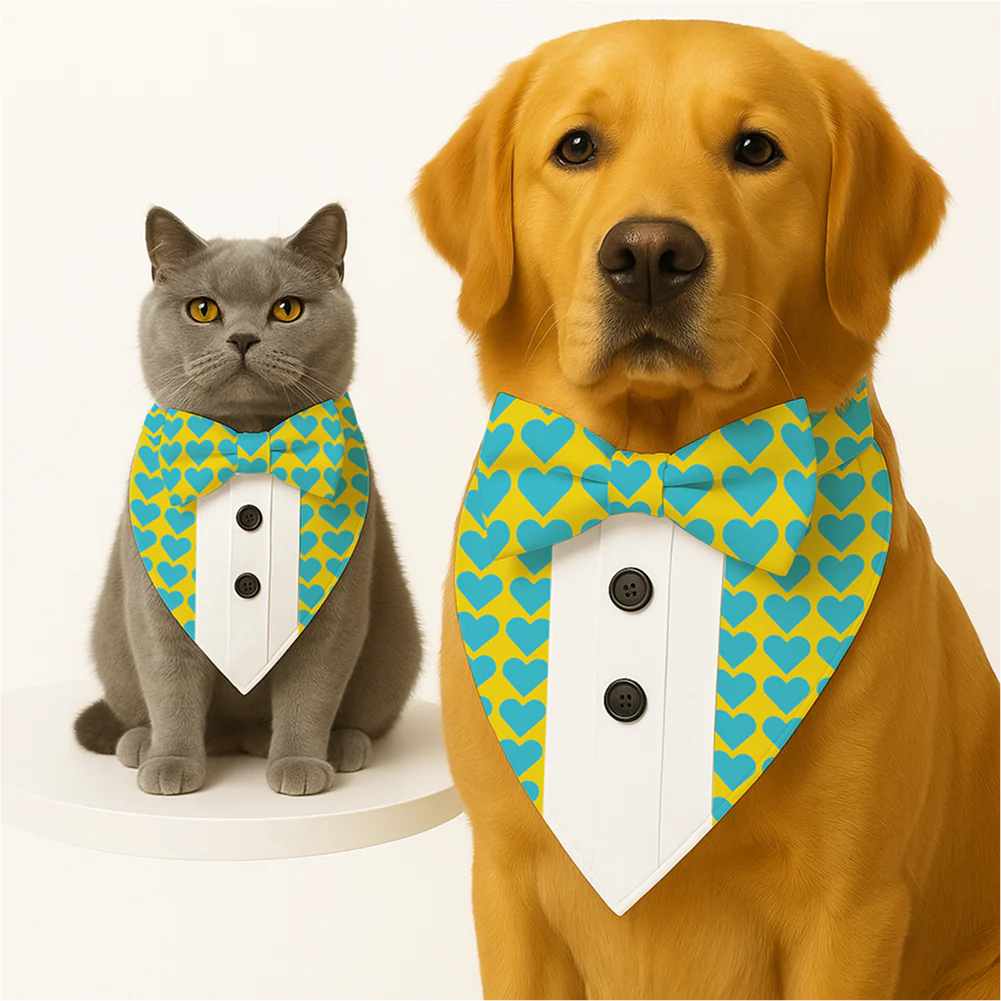PawsIndia Heart Pattern Tuxedo Bandana with Matching Bow for Dogs and Cats - Image 2