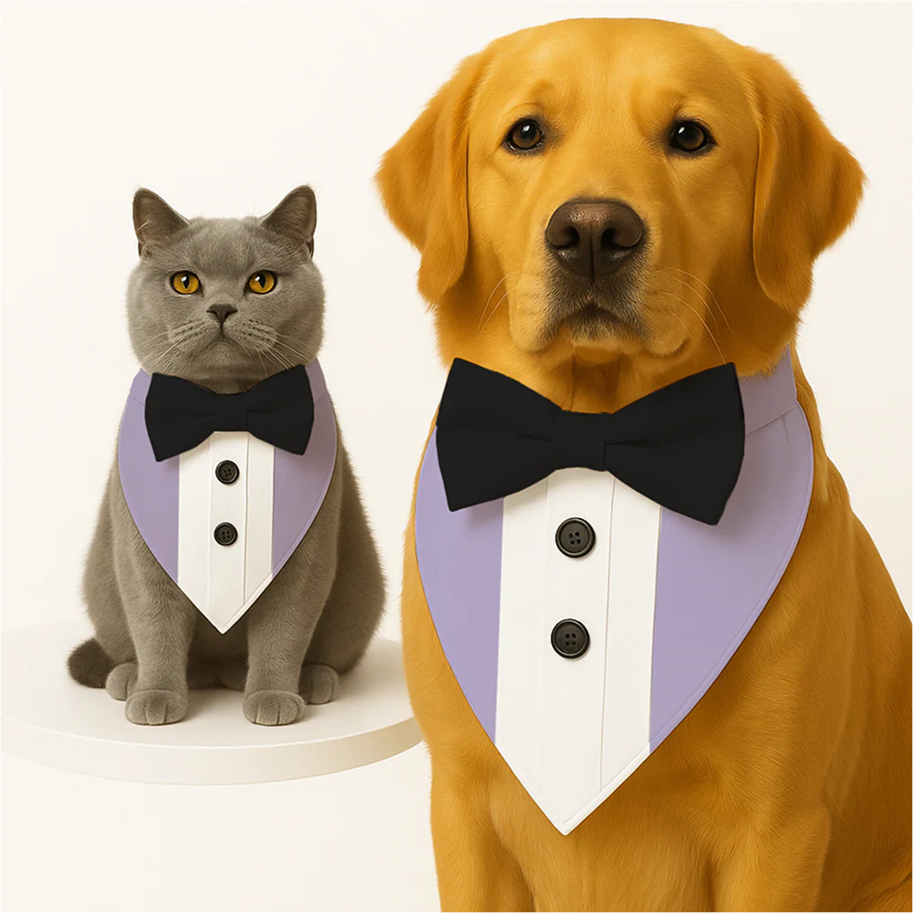 PawsIndia Lilac Tuxedo Bandana with Black Bow for Dogs and Cats - Image 2