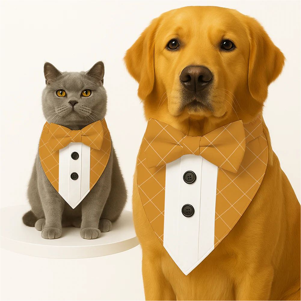 PawsIndia Mustard  Checks Pattern Tuxedo Bandana with Matching Bow for Dogs and Cats - Image 2