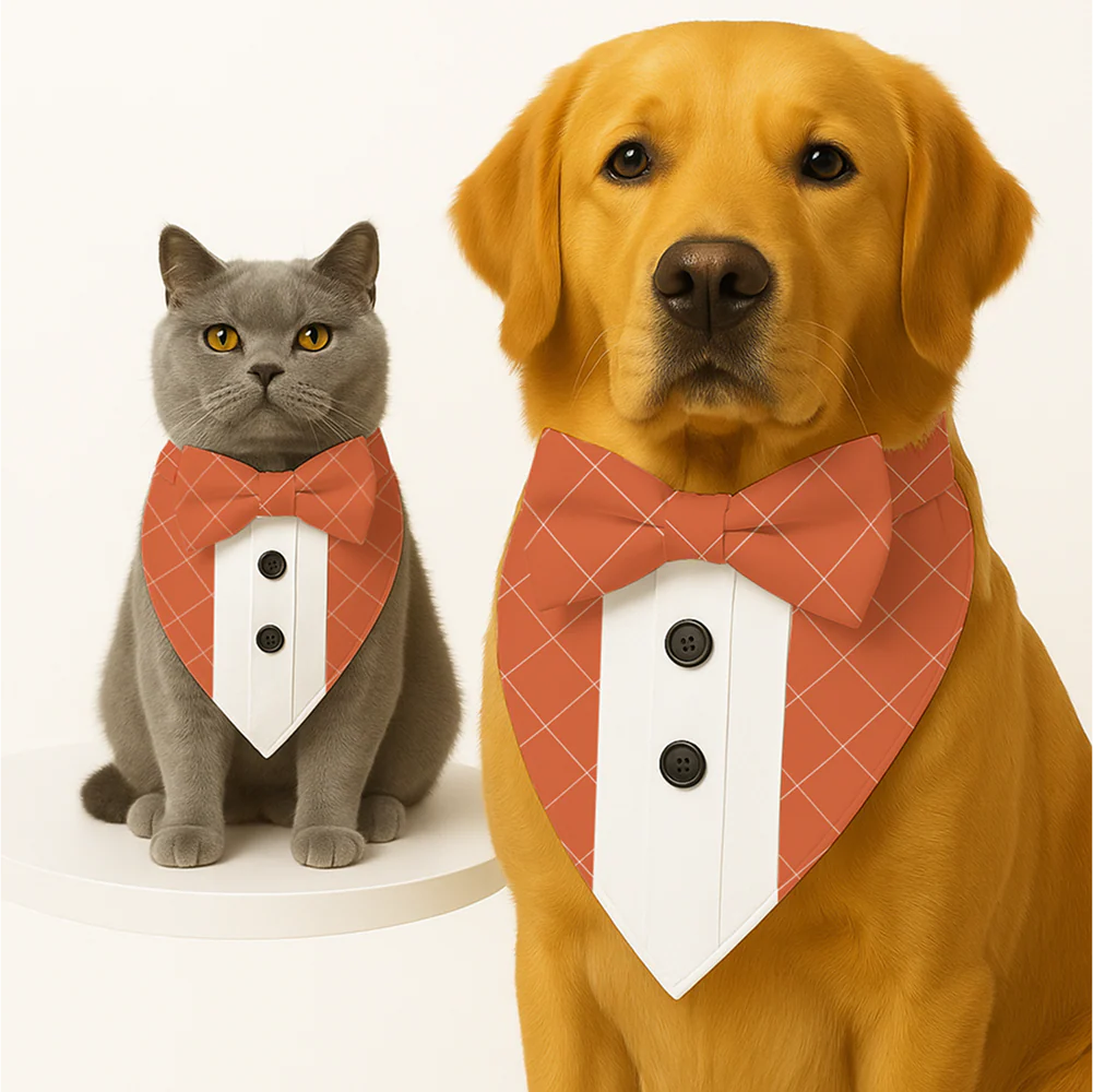 PawsIndia Orange Checks Pattern Tuxedo Bandana with Matching Bow for Dogs and Cats - Image 2