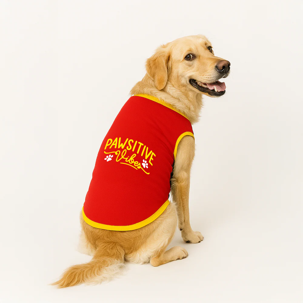 PawsIndia Pawsitive Vibes Printed with Ribbed Sleeves TShirt for Dogs (Red)