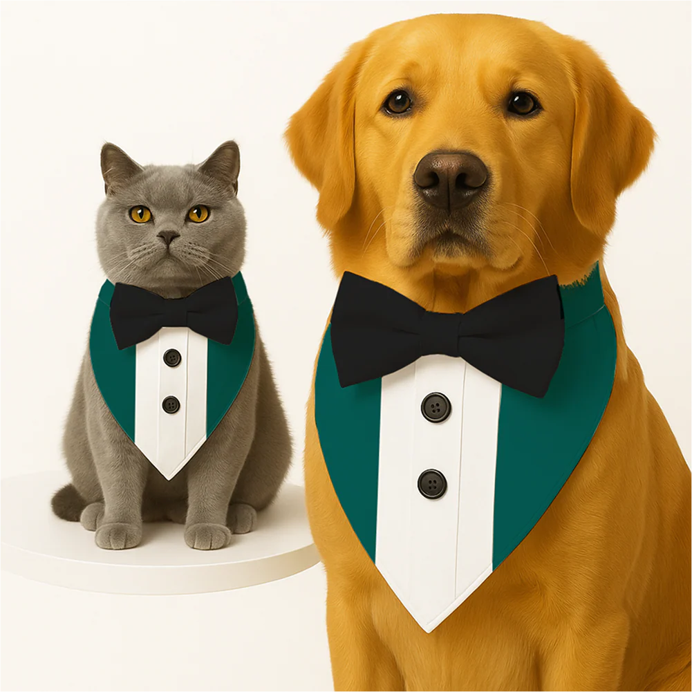 PawsIndia Peacock Green Tuxedo Bandana with Black Bow for Dogs and Cats - Image 2