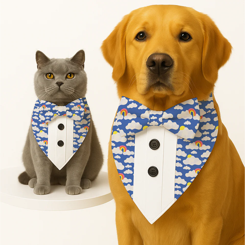 PawsIndia Sky Rainbows Pattern Tuxedo Bandana with Matching Bow for Dogs and Cats - Image 2