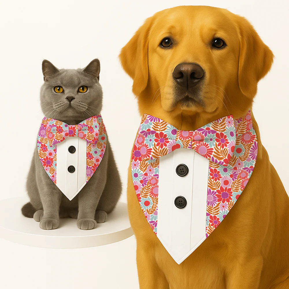 PawsIndia Spring Blooms Pattern Tuxedo Bandana with Matching Bow for Dogs and Cats - Image 2