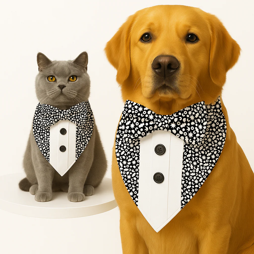 PawsIndia Starry Night Pattern Tuxedo Bandana with Matching Bow for Dogs and Cats - Image 2