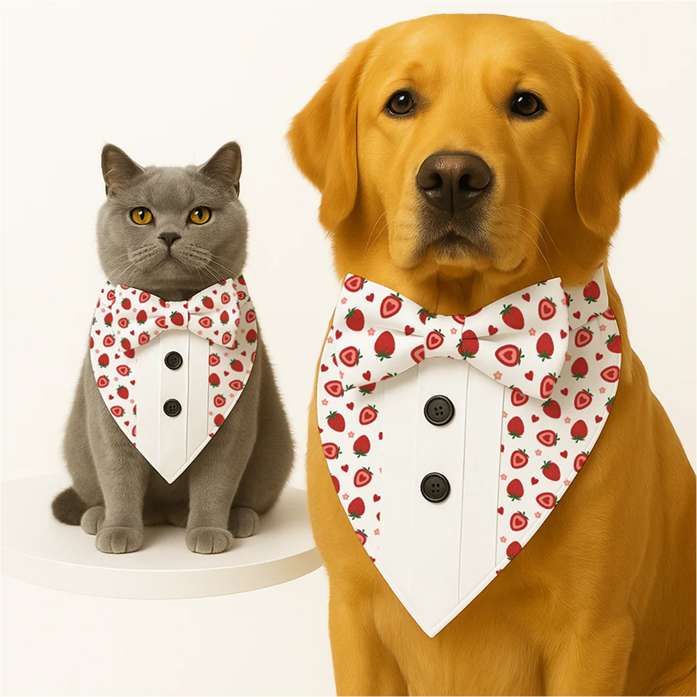 PawsIndia Strawberry Pattern Tuxedo Bandana with Matching Bow for Dogs and Cats - Image 2