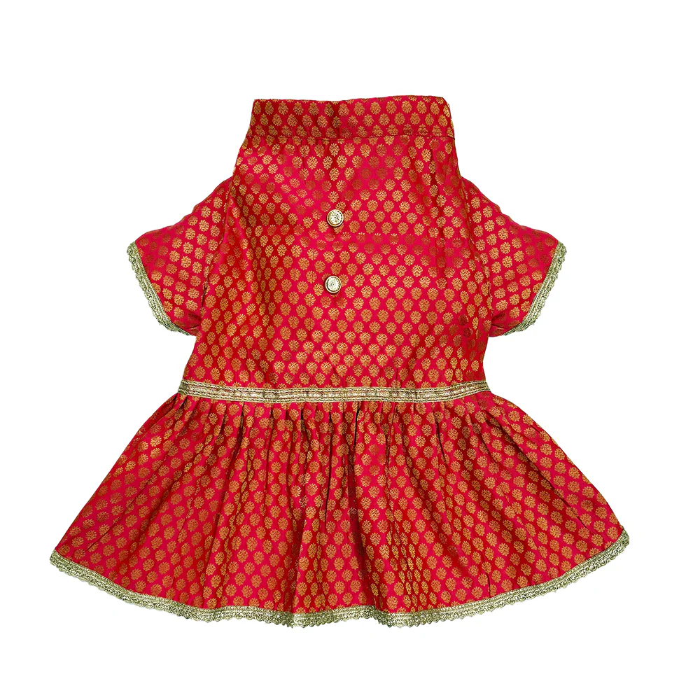 Pawsindia Traditional Royal Brocade Dress for Dogs (Red) - Image 3