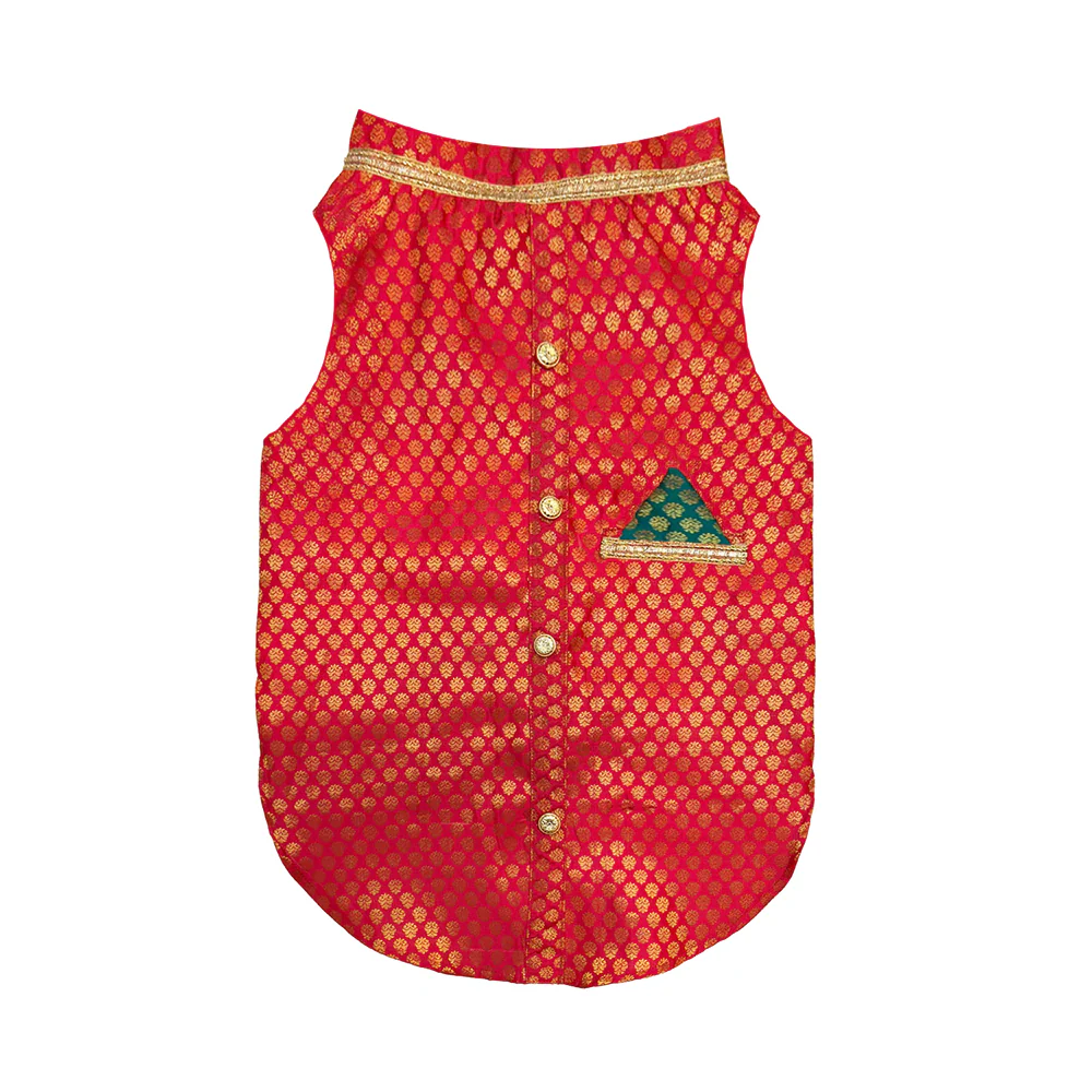 Pawsindia Traditional Royal Brocade Kurta for Dogs (Red) - Image 2