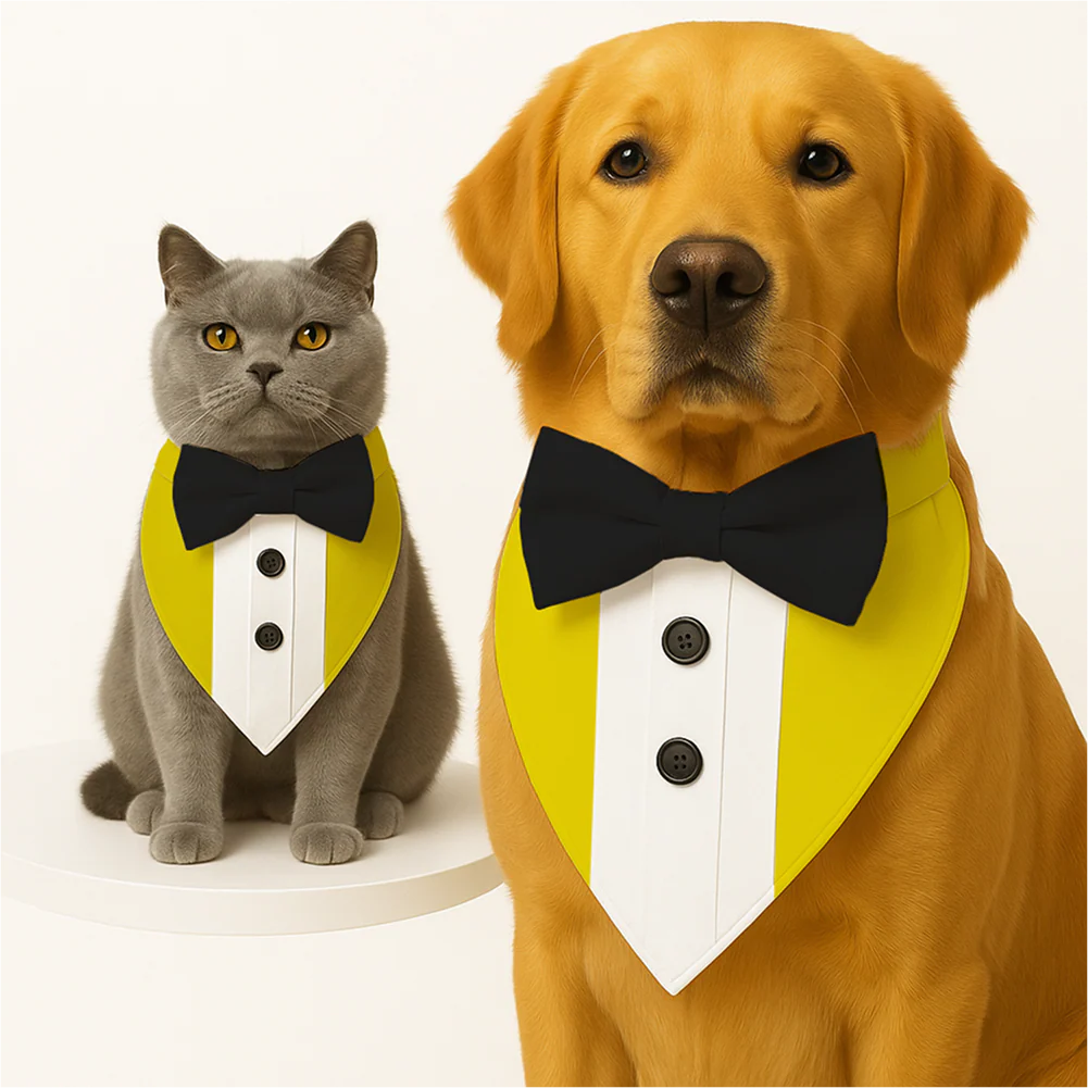 PawsIndia Yellow Tuxedo Bandana with Black Bow for Dogs and Cats - Image 2