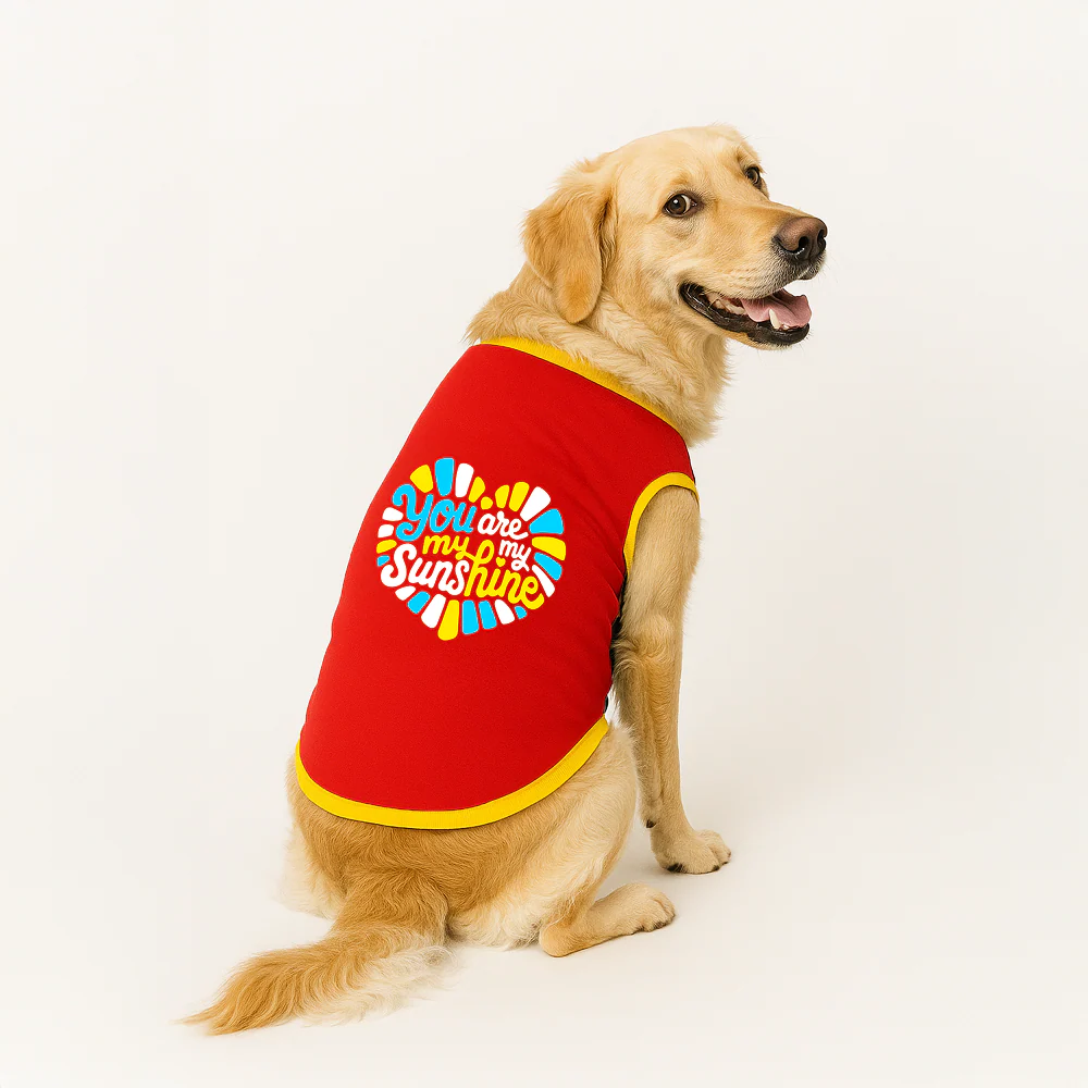 PawsIndia You Are My Sunshine Printed with Ribbed Sleeves TShirt for Dogs (Red)