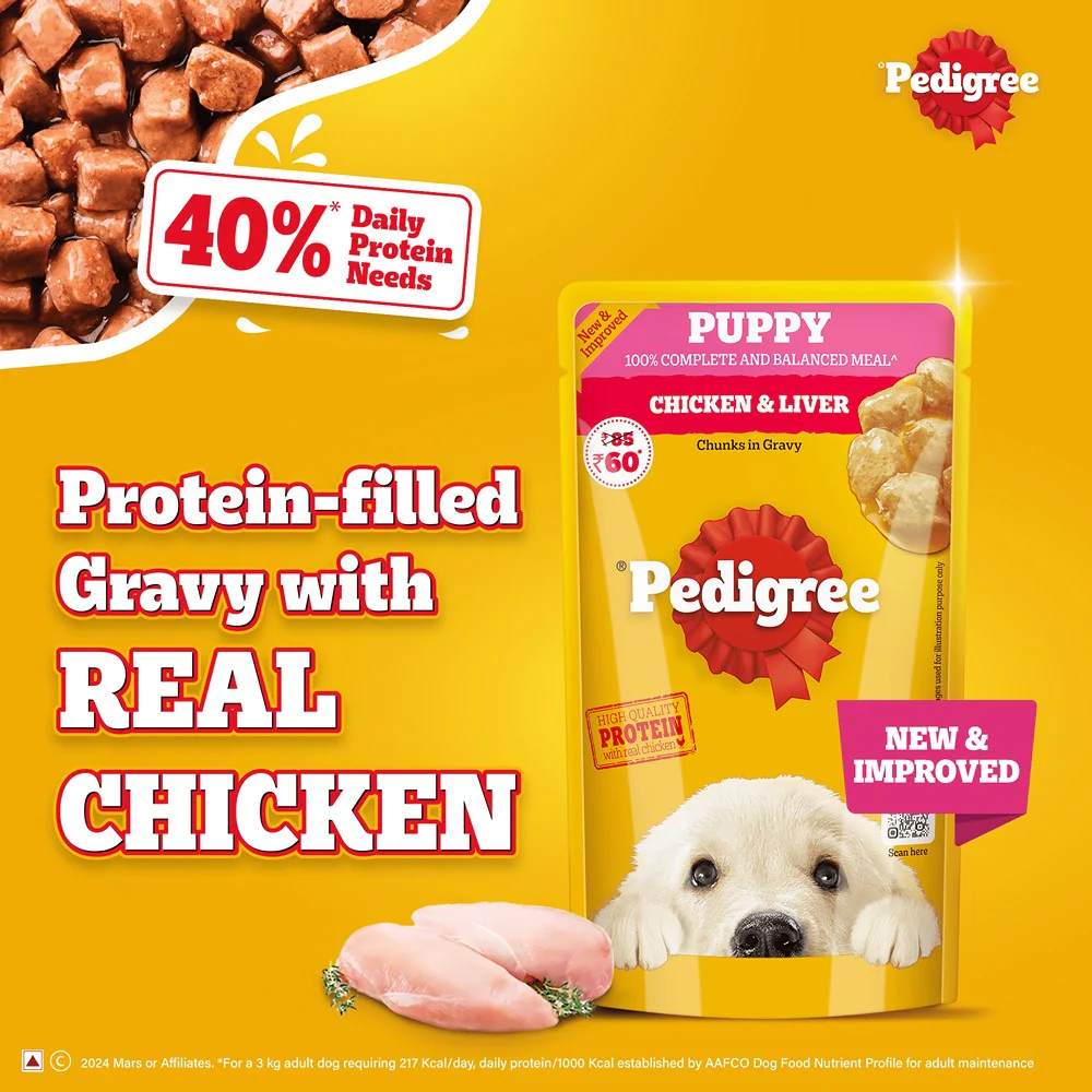 Pedigree Chicken and Liver Chunks in Gravy Pouch Puppy Dog Wet Food (130g) - Image 3