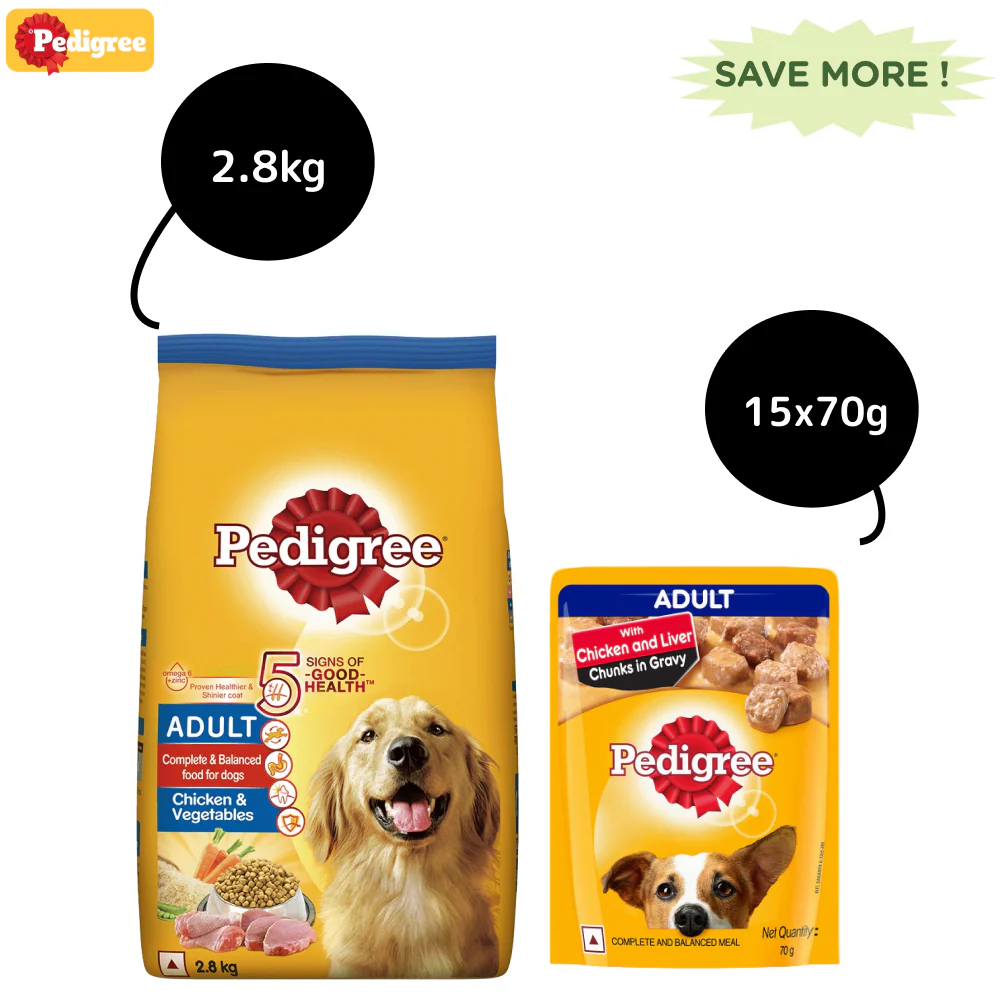 Pedigree Chicken and Vegetables Dry and Chicken and Liver Chunks in Gravy Wet Adult Dog Food Combo - Image 14