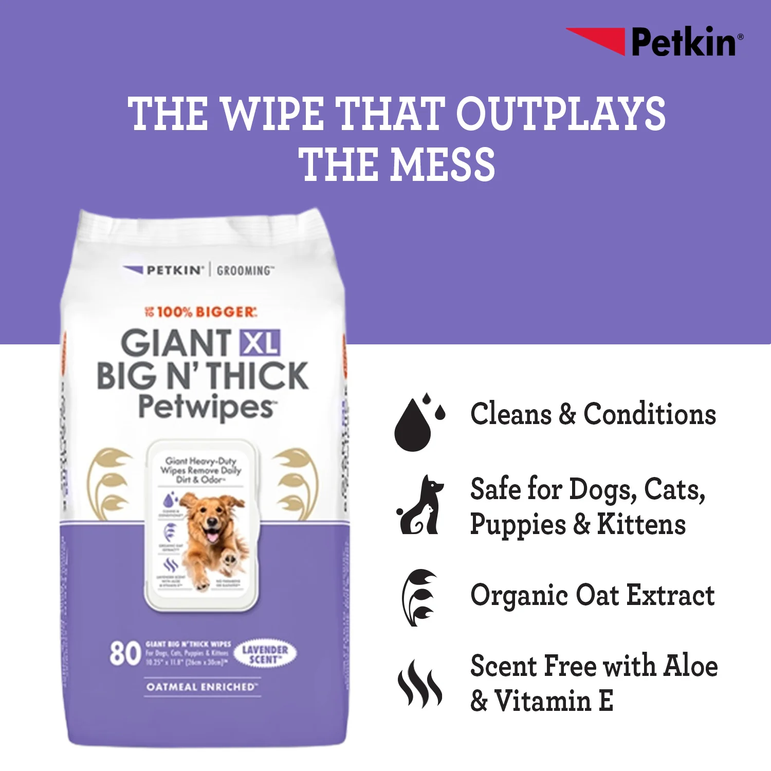 Petkin Gaint Big N' Thick  Lavender Scented Petwipes for Dogs and Cats - Image 2