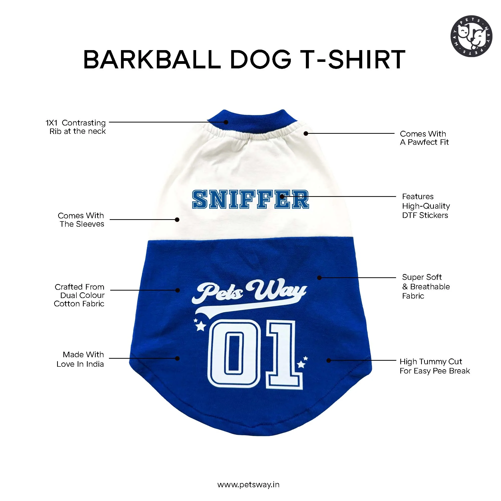 Pets Way Sniffer Barkball Tshirt for Dogs (Blue/White) - Image 5