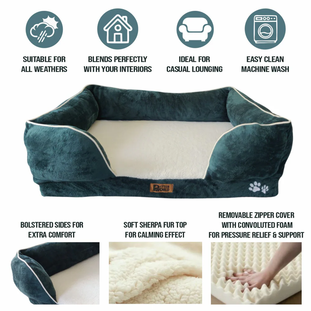 Petter World Convoluted & HD Foam Base with Bolster Orthopedic Sofa Bed for Dogs and Cats (Bottle Green) - Image 3