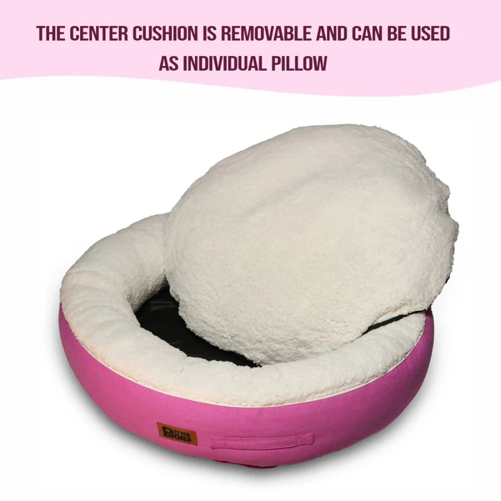 Petter World Ultra Luxury Cotton Canvas Donut Bed With Removable Sherpa Fur Cushion for Dogs (Crocus) - Image 4