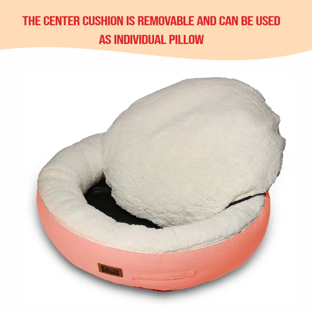 Petter World Ultra Luxury Cotton Canvas Donut Bed With Removable Sherpa Fur Cushion for Dogs (Peach Pearl) - Image 4