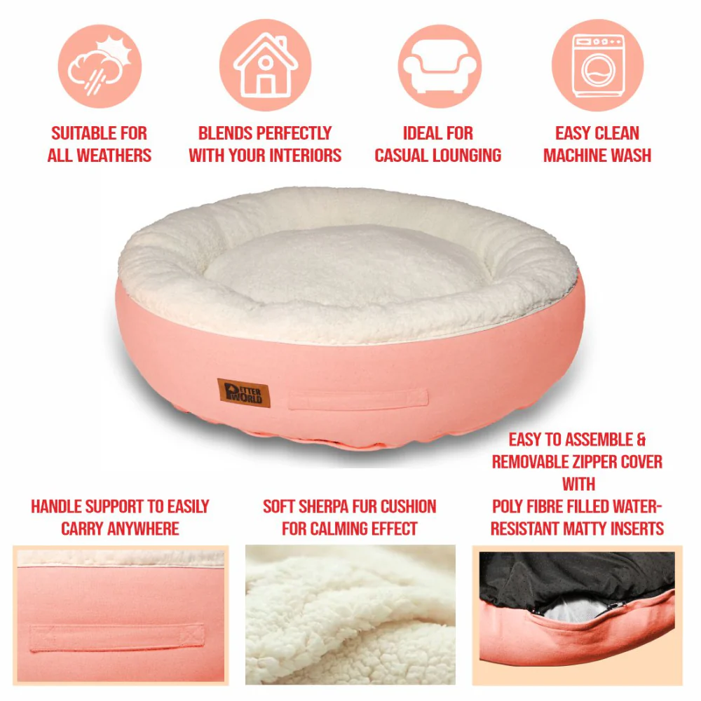 Petter World Ultra Luxury Cotton Canvas Donut Bed With Removable Sherpa Fur Cushion for Dogs (Peach Pearl) - Image 6